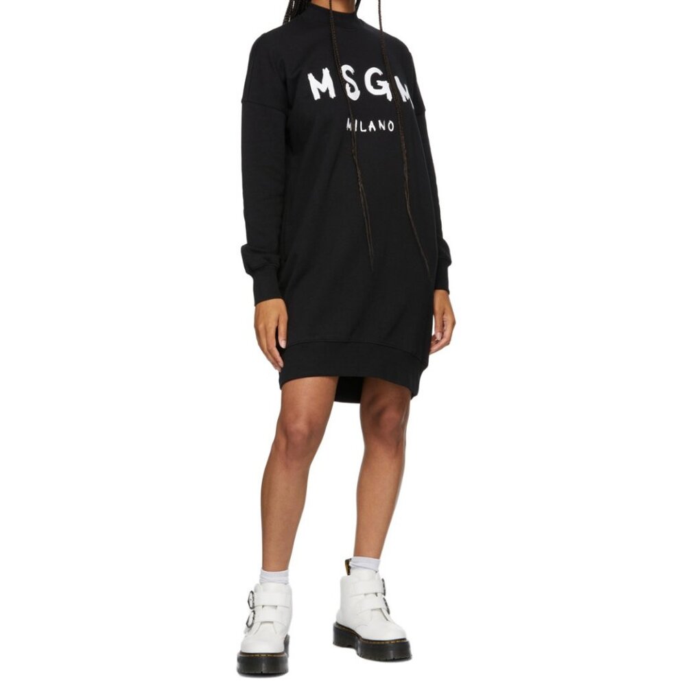 $790 MSGM Milano Italy Black Logo Cotton Sweater Sweatshirt Dress Pockets Sz L